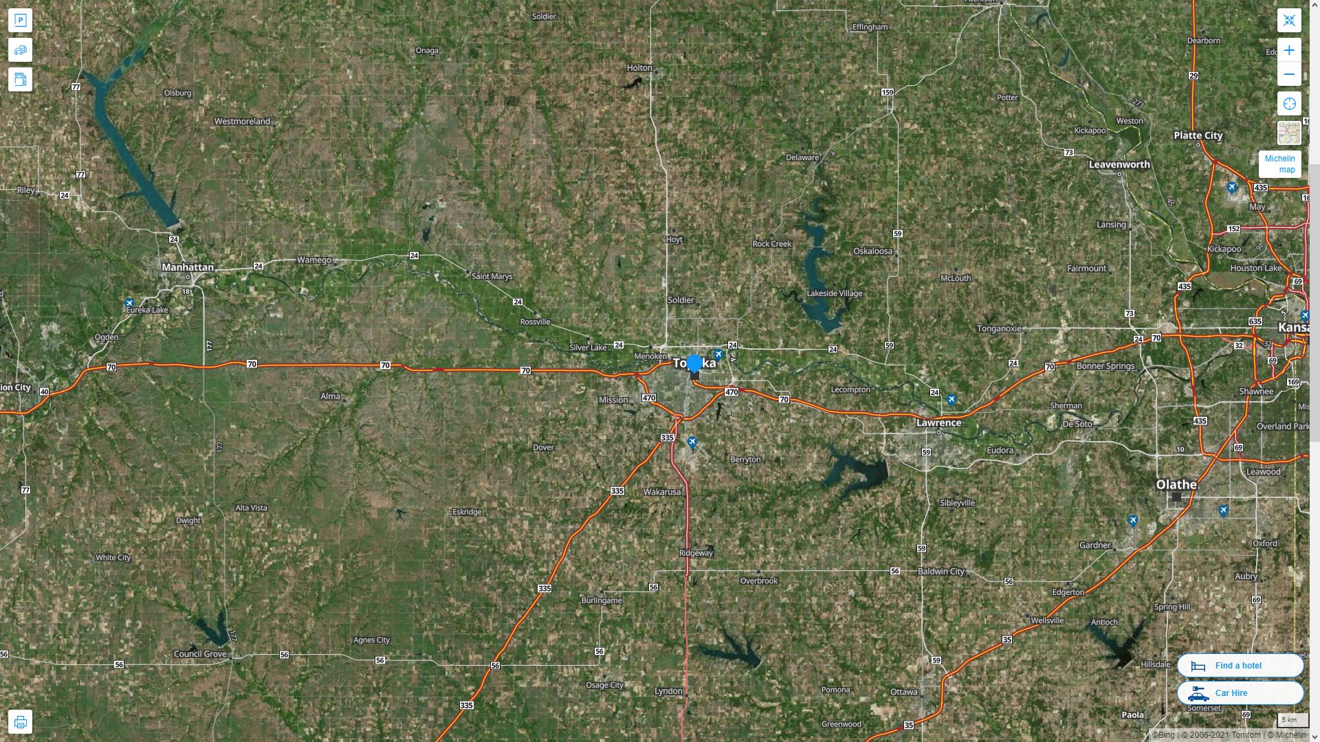 Topeka Kansas Highway and Road Map with Satellite View